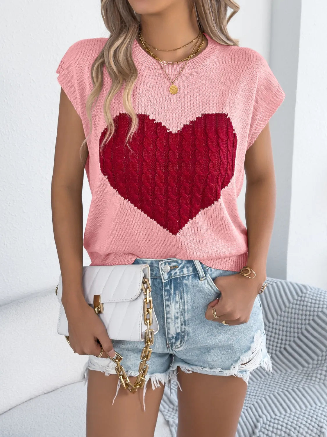 Cable Knit Heart Round Neck Cap Sleeve Knit Top - LaTezza Online Shop