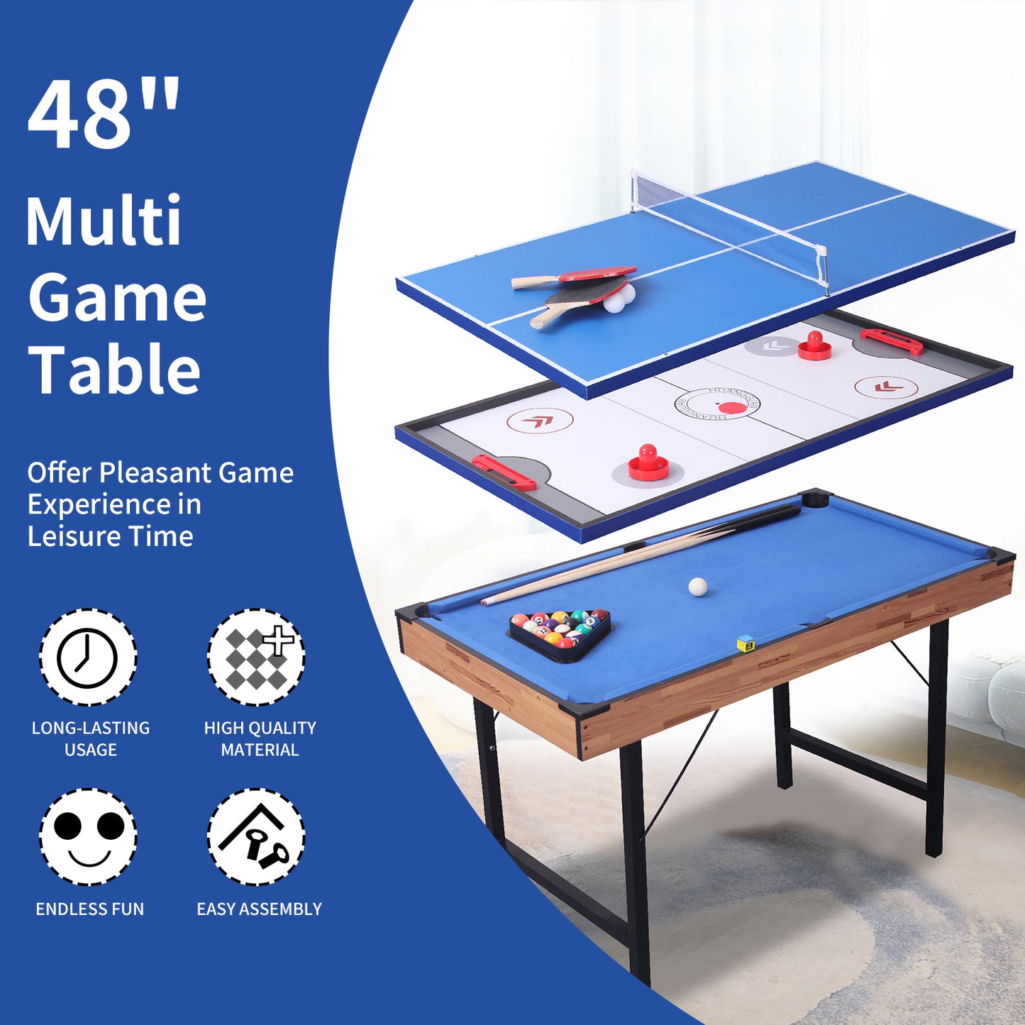 3 In 1 48in Folding Portable Combo Game Table Set With Ping Pong, Slide Hockey, Pool Billiards For Kids And Adults - LaTezza Online Shop