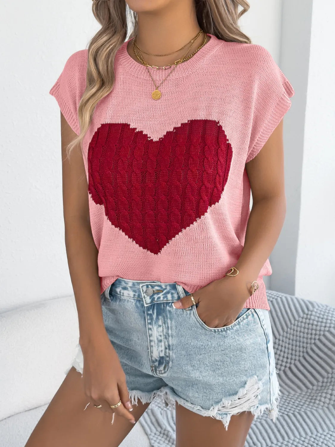Cable Knit Heart Round Neck Cap Sleeve Knit Top - LaTezza Online Shop