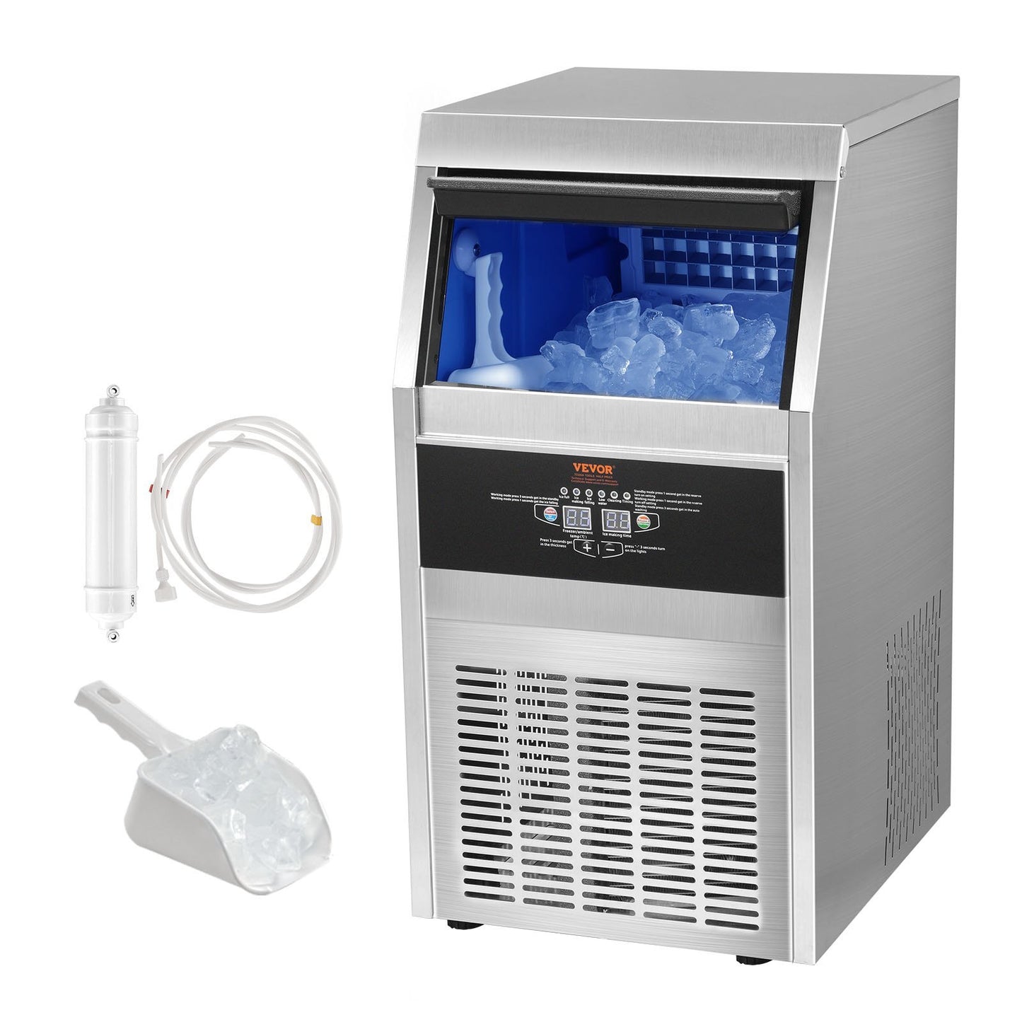 VEVOR 110V Commercial Ice Maker 65LBS 24H With 24LBS Bin Heavy Duty Stainless Steel Construction Automatic Operation