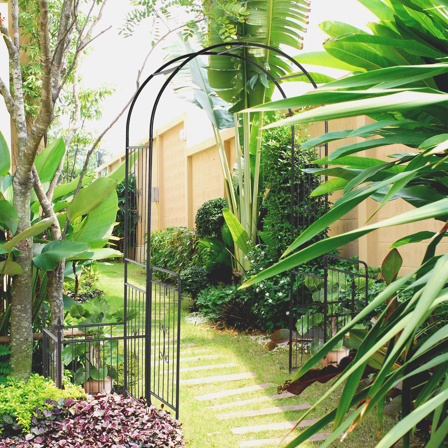 Romantic Archway 86 Metal Garden Arch With Planters For Climbing Vines, Black
