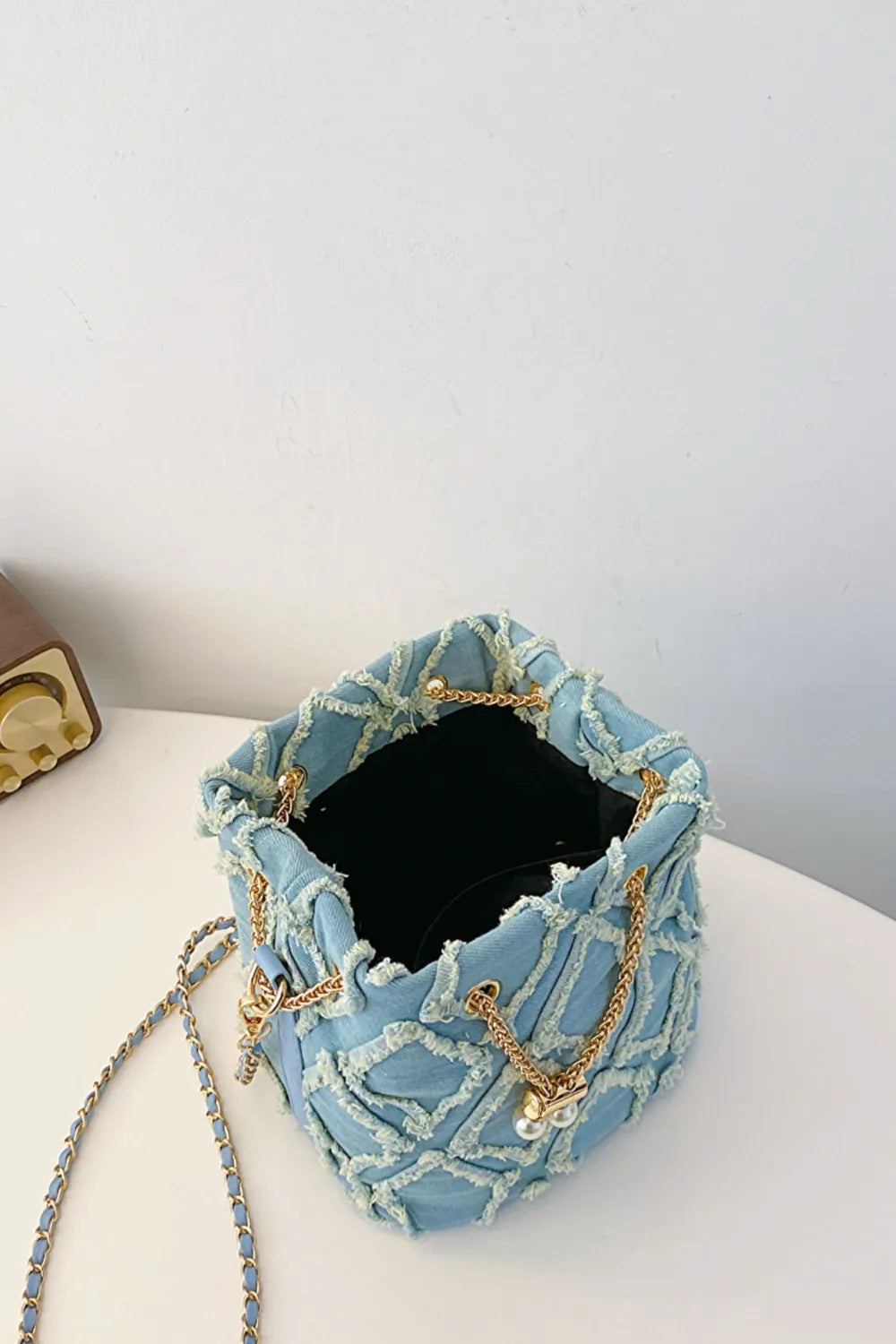 Chain Drawstring Raw Edge Denim Bucket Bag - LaTezza Online Shop