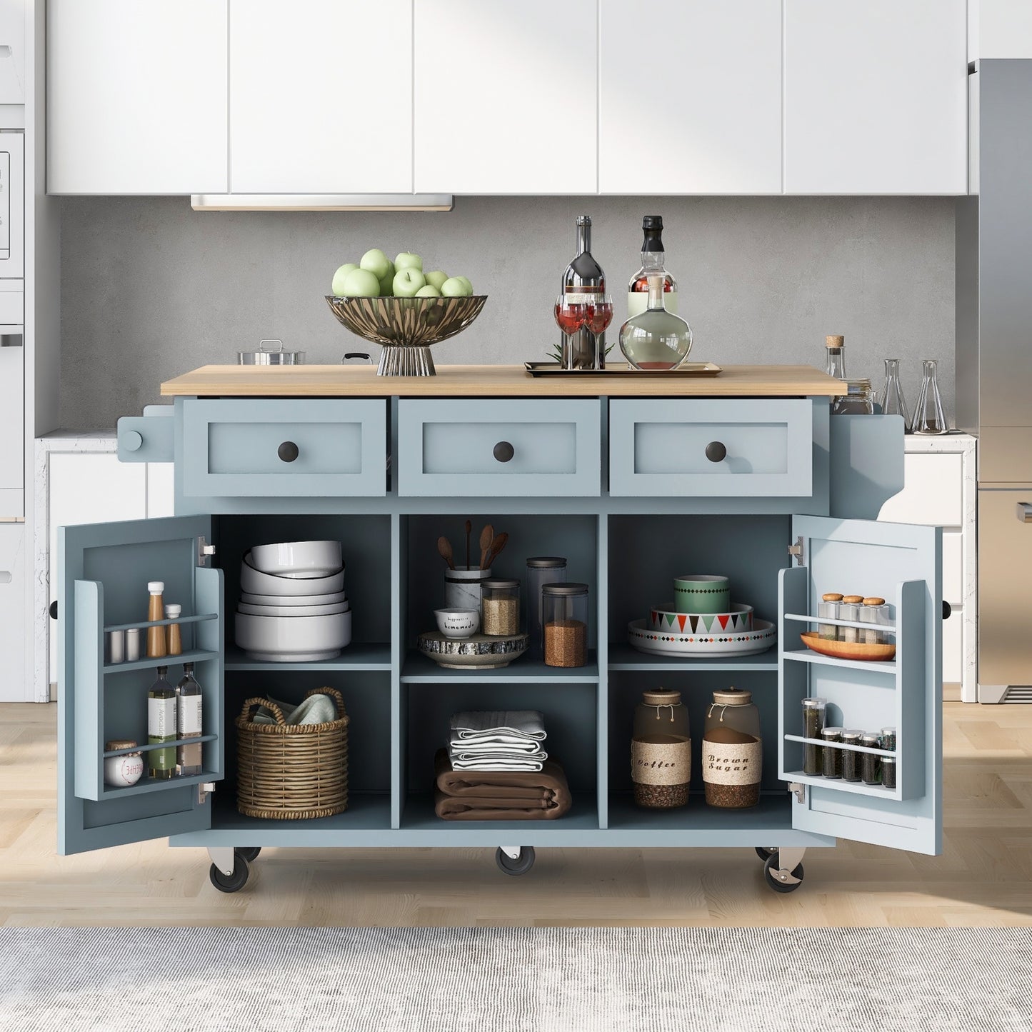 Kitchen Cart With Rubberwood Drop-Leaf Countertop, Cabinet, Storage Racks - LaTezza Online Shop