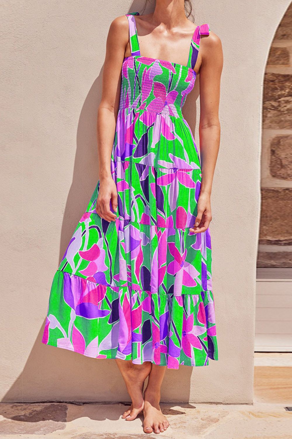 Floral Tie-Shoulder Smocked Midi Dress - LaTezza Online Shop