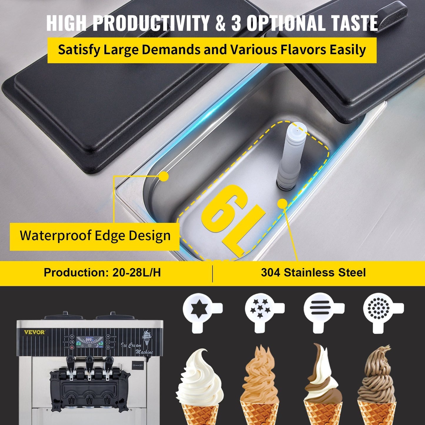 VEVOR Commercial Ice Cream Machine 5.3 To 7.4Gal Per Hour Soft Serve With LED Display Auto Clean 3 Flavor 2200W Sliver - LaTezza Online Shop