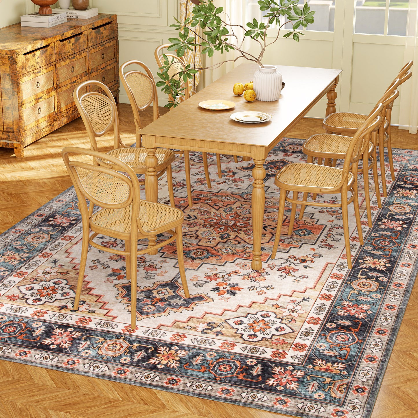 Area Rug 8x10, Machine Washable Rug, Non-Slip Boho Print Pattern Medallion Carpet For Living Room, Bedroom, Tawny Brown