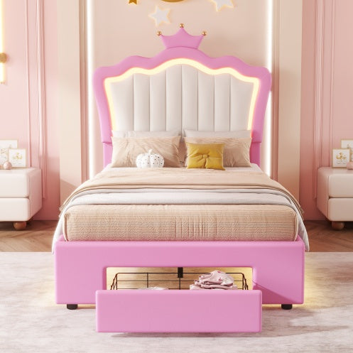 Twin Size Upholstered Bed Frame With LED Lights Modern Princess Bed With Crown Headboard and drawer