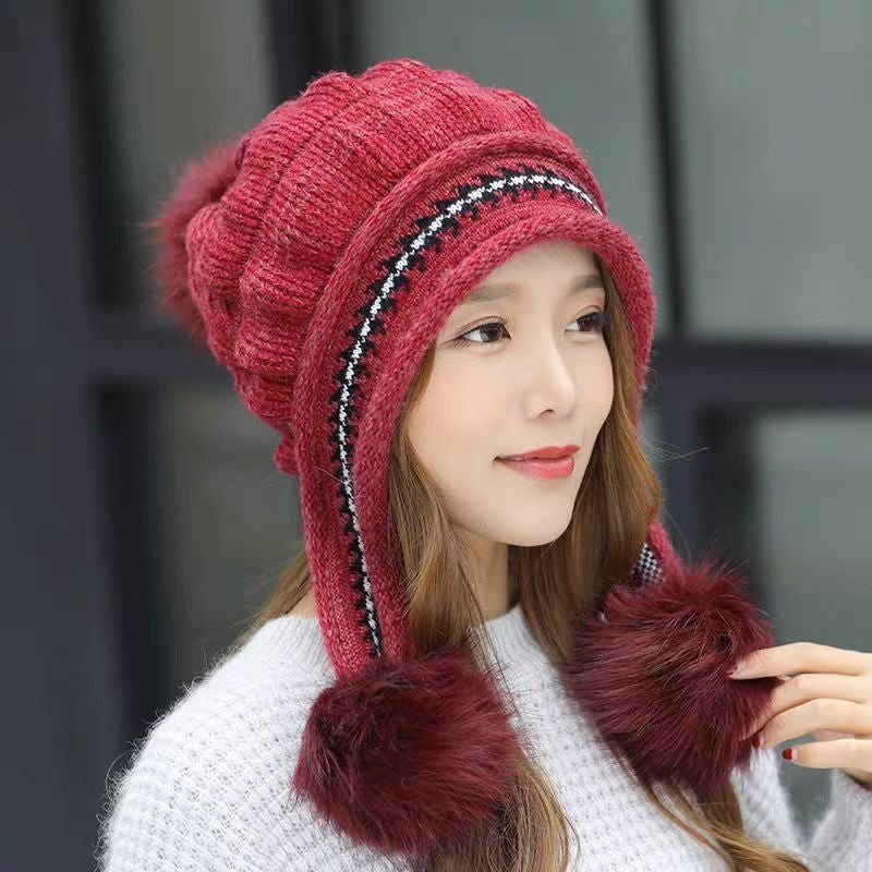 Knit Fleece-Feel Beanie With Ear Flaps & Pompom Warm Winter Hat For Women - LaTezza Online Shop