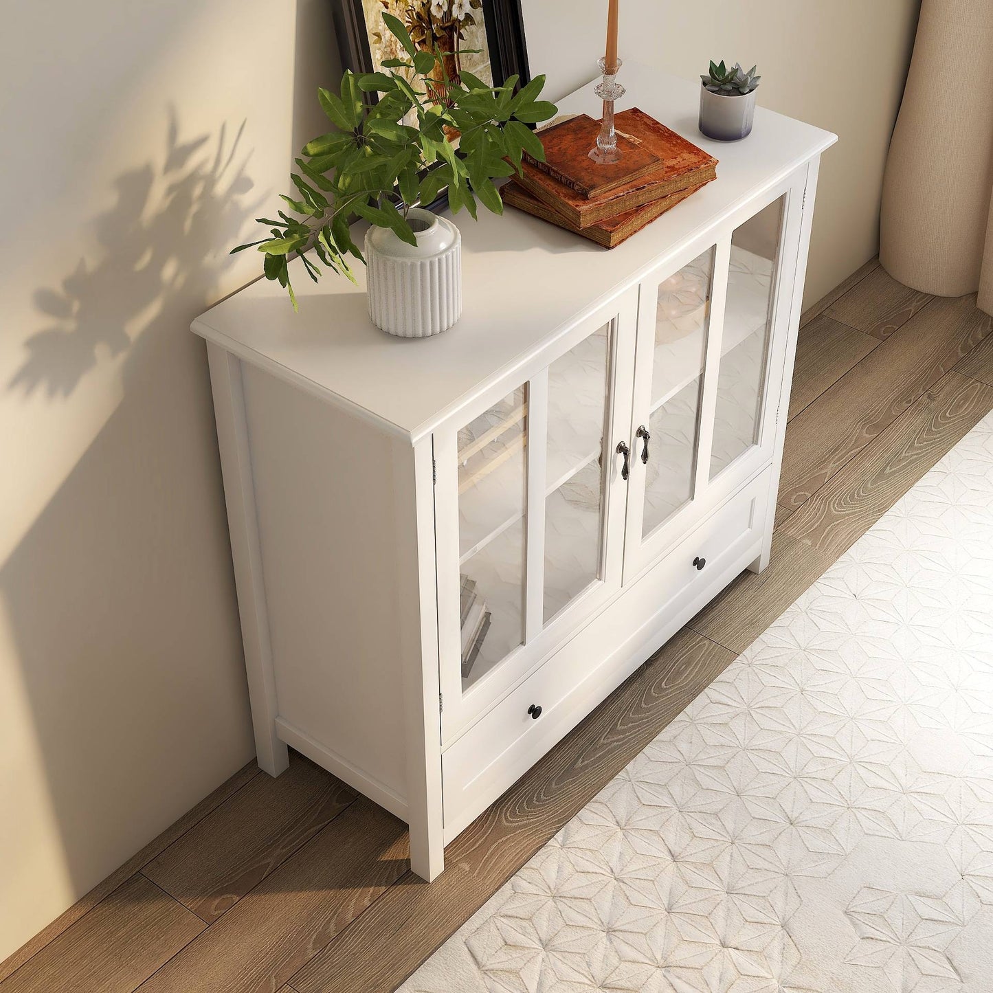 Buffet Storage Cabinet With Double Glass Doors And Unique Bell Handle 