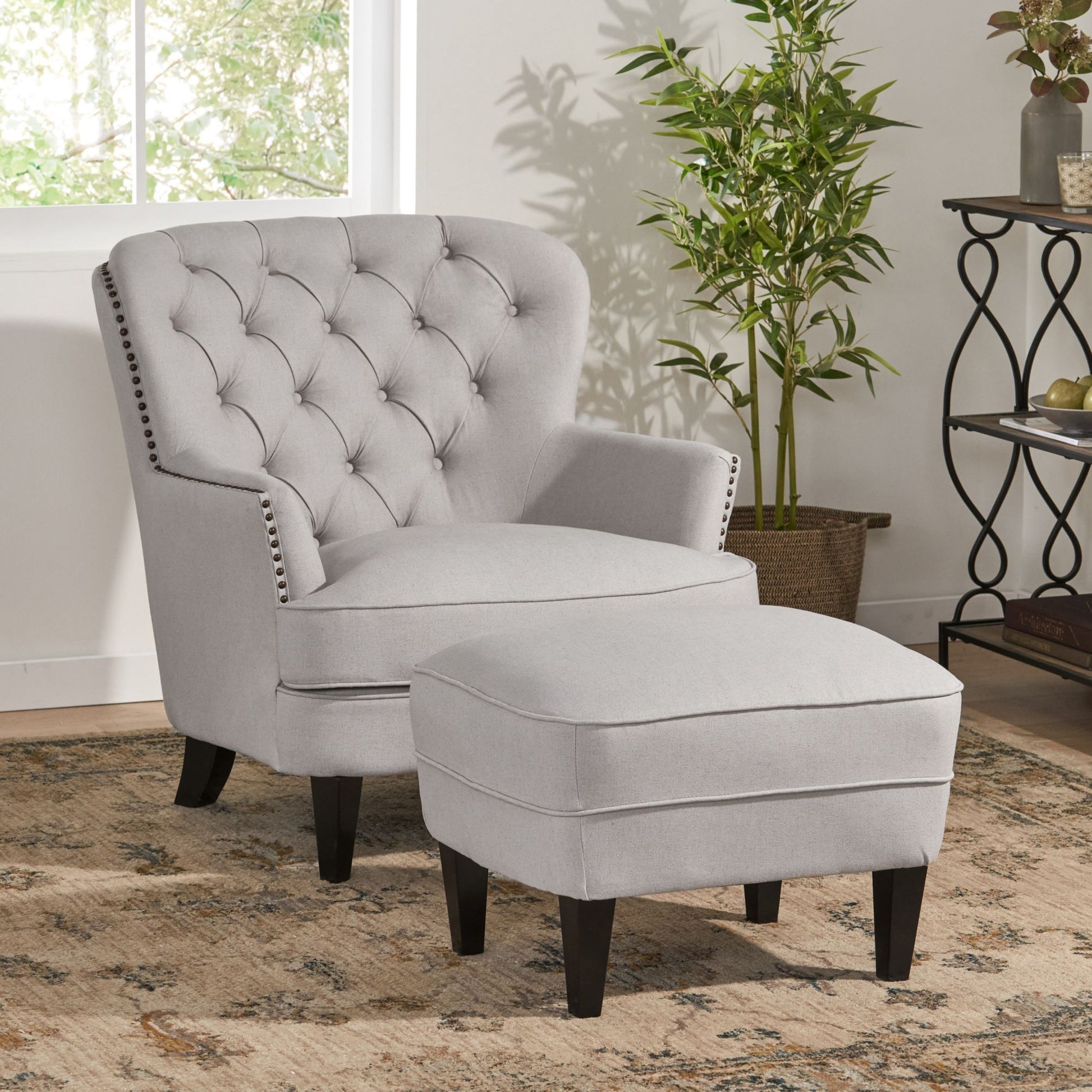 Arm Chair with Ottoman Modern light grey tufted fabric club chair and Ottoman set, stylish cushioned armchair - LaTezza Online Shop