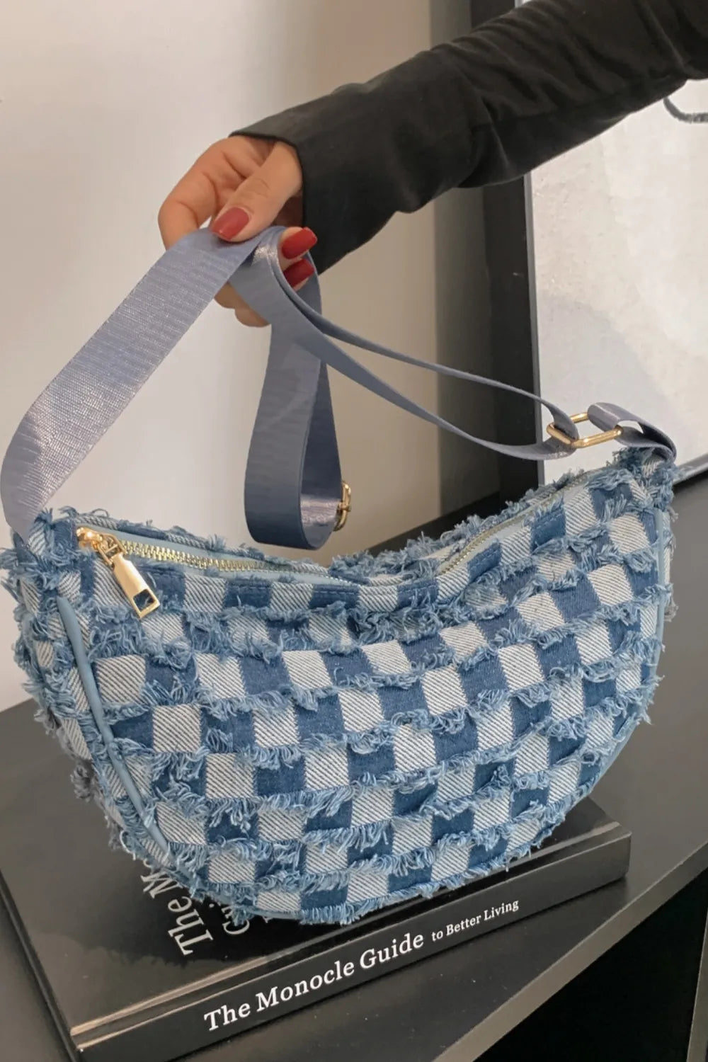 Raw Hem Checkered Denim Crossbody Bag - LaTezza Online Shop