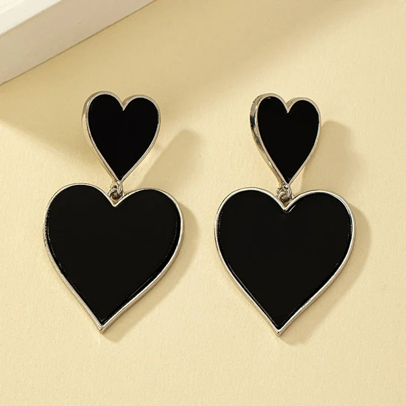 Black Resin Large Metal Heart Dangle Post Earrings For Women Heavy Statement Fashion Jewelry Love Party Accessories - LaTezza Online Shop