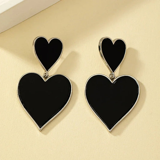 Black Resin Large Metal Heart Dangle Post Earrings For Women Heavy Statement Fashion Jewelry Love Party Accessories - LaTezza Online Shop