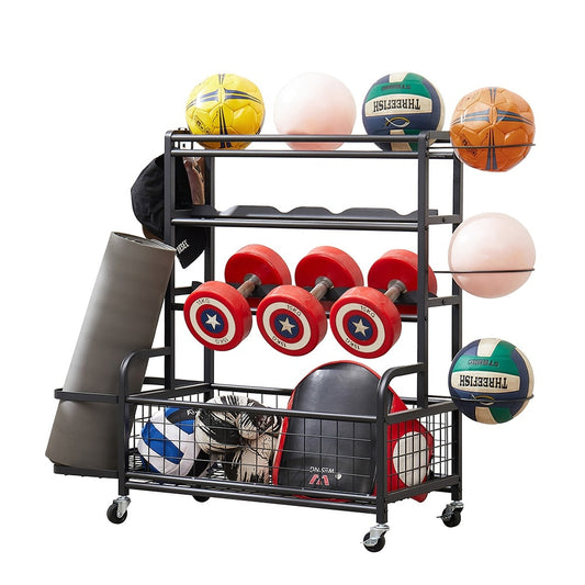 4 Tier Metal Storage Rack With Rolling Wheels Yoga Mat Organizer, Larger Ball Storage Rack - LaTezza Online Shop