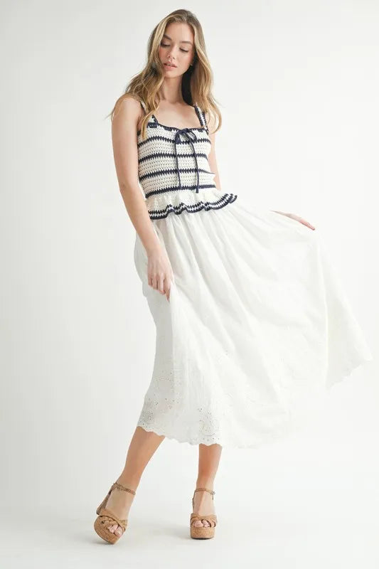 MABLE Crochet Stripe Knit Eyelet Mix Midi Dress - LaTezza Online Shop