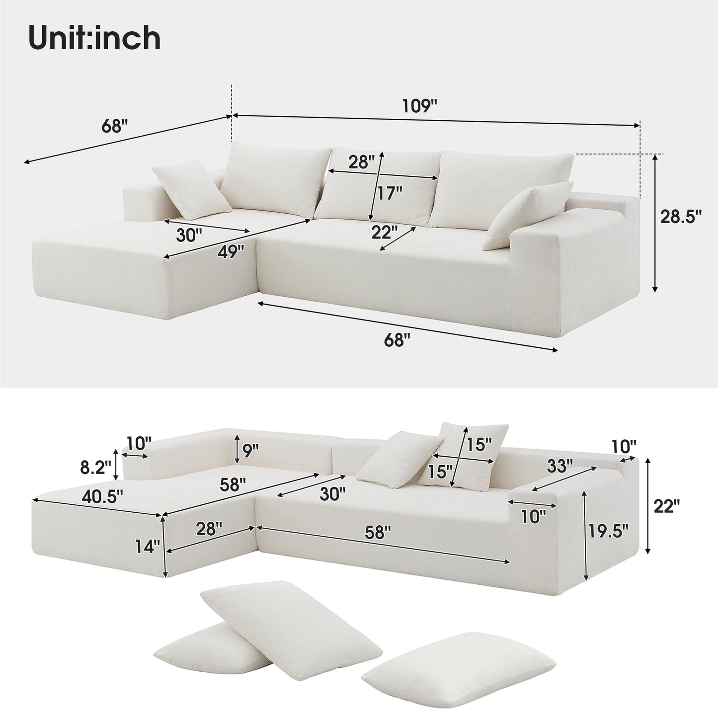 109*68" Modular Sectional Living Room Sofa Set Modern Minimalist Style Couch White - LaTezza Online Shop