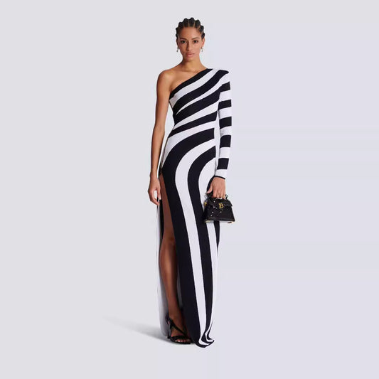 Zebra print single shoulder long sleeved open leg bandage dress banquet party dress - LaTezza Online Shop
