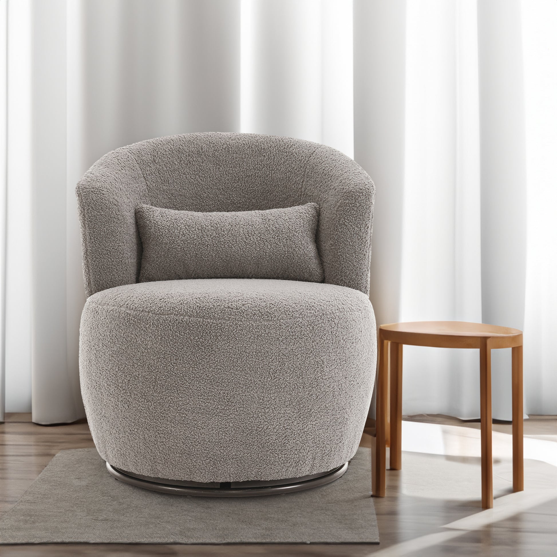Grey Plush Swivel Accent Chair - Contemporary Round Armchair with 360° Rotation and Metal Base for Living Room Elegance - LaTezza Online Shop