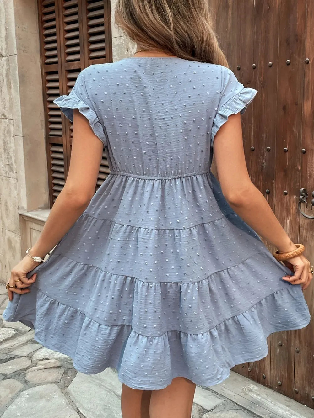Dress jacquard texture V-neck casual versatile solid color short skirt for women - LaTezza Online Shop