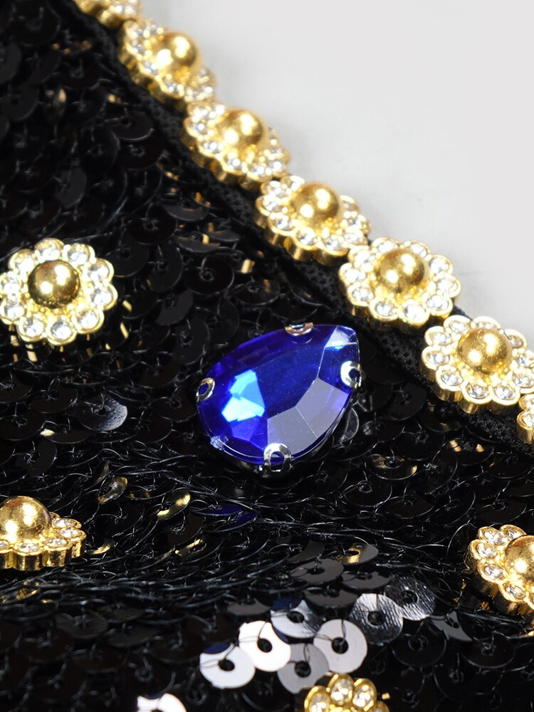 Black Evening Dinner Dress Women Elegant Square Collar Crystal Sequins Spaghetti Strap Dresses - LaTezza Online Shop