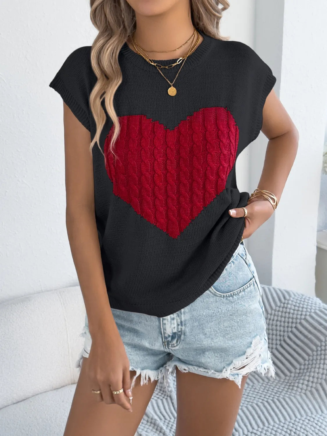 Cable Knit Heart Round Neck Cap Sleeve Knit Top - LaTezza Online Shop