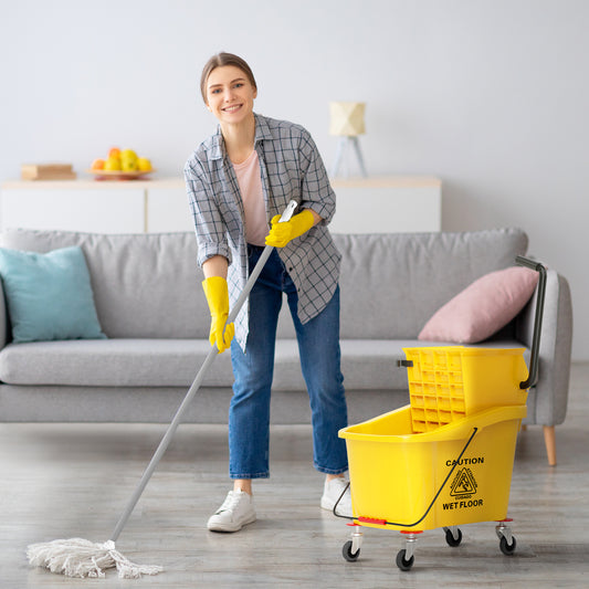 Mop Bucket With Wringer On Wheels For Floor Cleaning, 38 Quart Down Press Wringer With Handle, Yellow