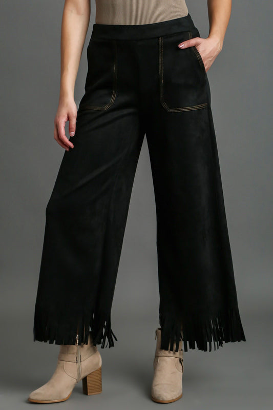 Umgee Full Size Suede Fringe Hem Wide Leg Pants Plus Size - LaTezza Online Shop