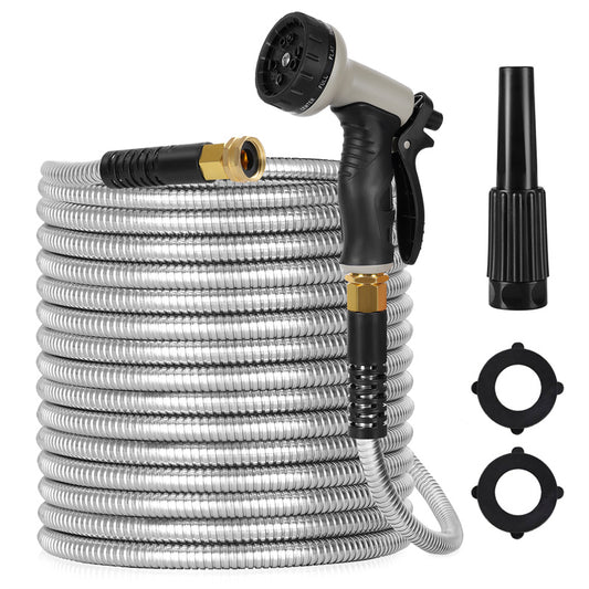 Metal Garden Hose Stainless Steel Flexible With 10 Adjustable Patterns Spray Heavy Duty 2 Nozzles