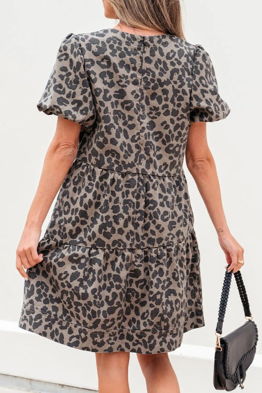 Leopard Round Neck Puff Sleeve Denim Dress - LaTezza Online Shop