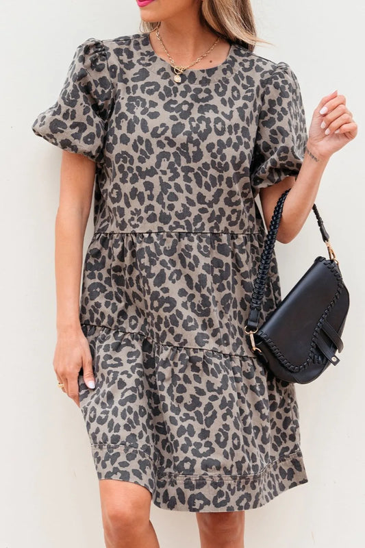 Leopard Round Neck Puff Sleeve Denim Dress - LaTezza Online Shop