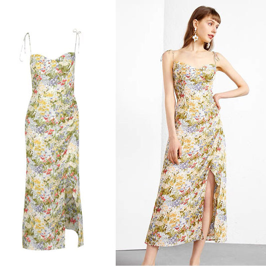 French Sexy Holiday Style Dress Summer Shrouded Belly Slim Slit Sling Dress Women's High Waist - LaTezza Online Shop