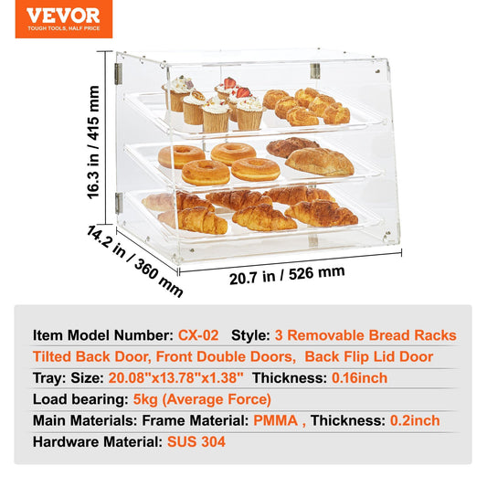 VEVOR 3-Tier Commercial Pastry Countertop Acrylic Bakery Display Case 
