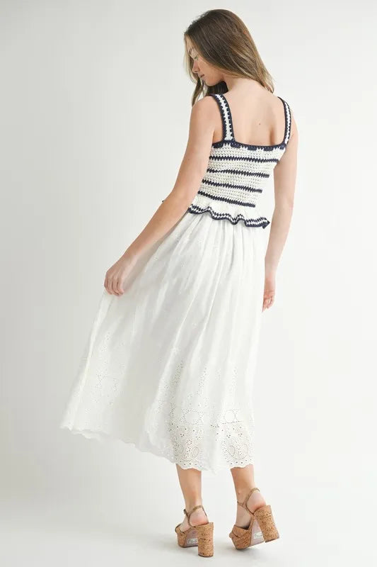 MABLE Crochet Stripe Knit Eyelet Mix Midi Dress - LaTezza Online Shop
