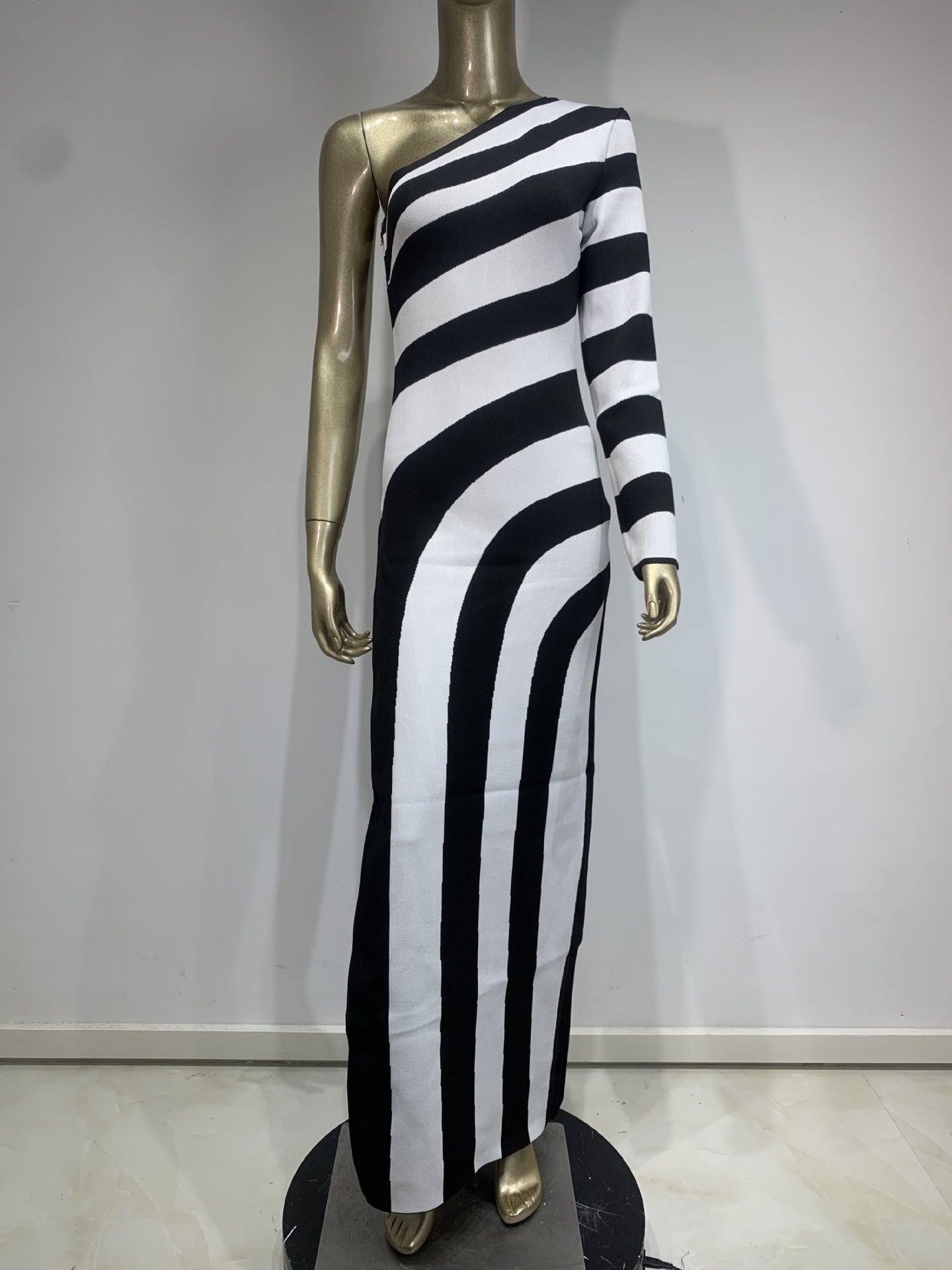 Zebra print single shoulder long sleeved open leg bandage dress banquet party dress - LaTezza Online Shop