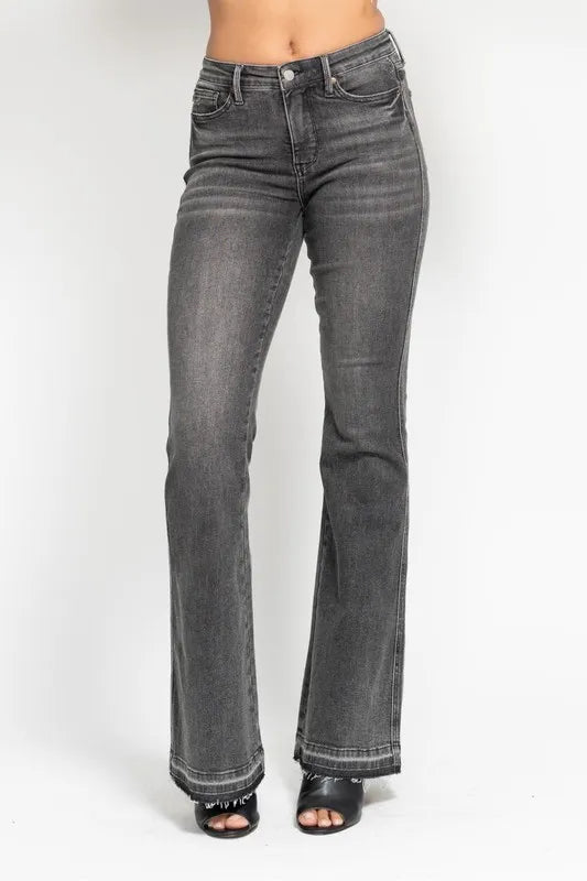 Judy Blue Full Size Mid Rise Tummy Control Washed Gray Release Hem Flare Jeans Plus Size - LaTezza Online Shop