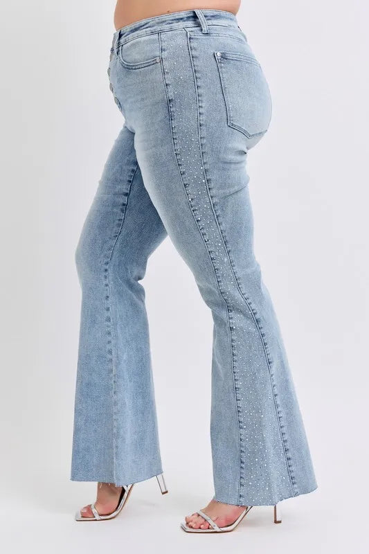 Flare Jeans Judy Blue Full Size Mid Rise Rhinestone Side Panel Detail Plus Size - LaTezza Online Shop