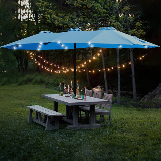 15x9ft Large Double-Sided Rectangular Outdoor Twin Patio Market Umbrella With Light And Base- Blue - LaTezza Online Shop