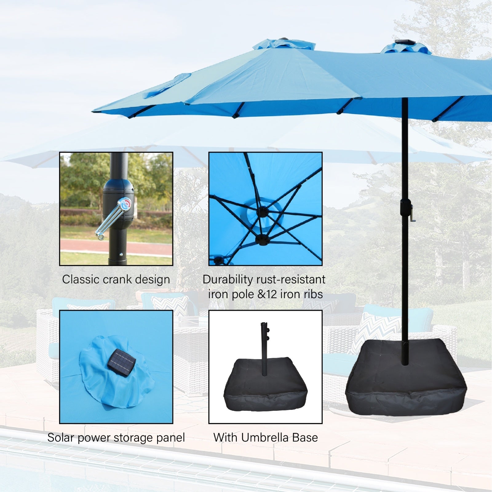 15x9ft Large Double-Sided Rectangular Outdoor Twin Patio Market Umbrella With Light And Base- Blue - LaTezza Online Shop