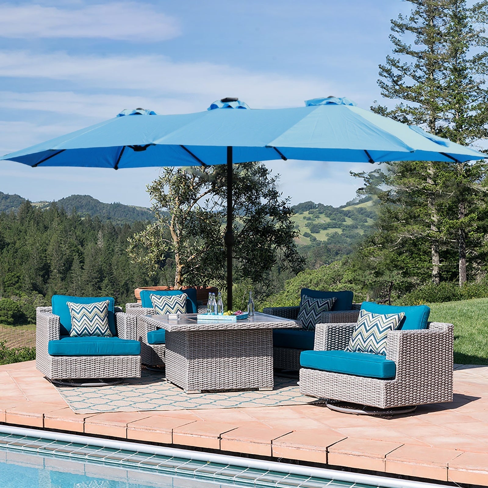 15x9ft Large Double-Sided Rectangular Outdoor Twin Patio Market Umbrella With Light And Base- Blue - LaTezza Online Shop
