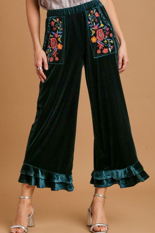 Umgee Full Size Wide Fit Ruffle Velvet Pants with Embroidered Pockets Plus Size - LaTezza Online Shop