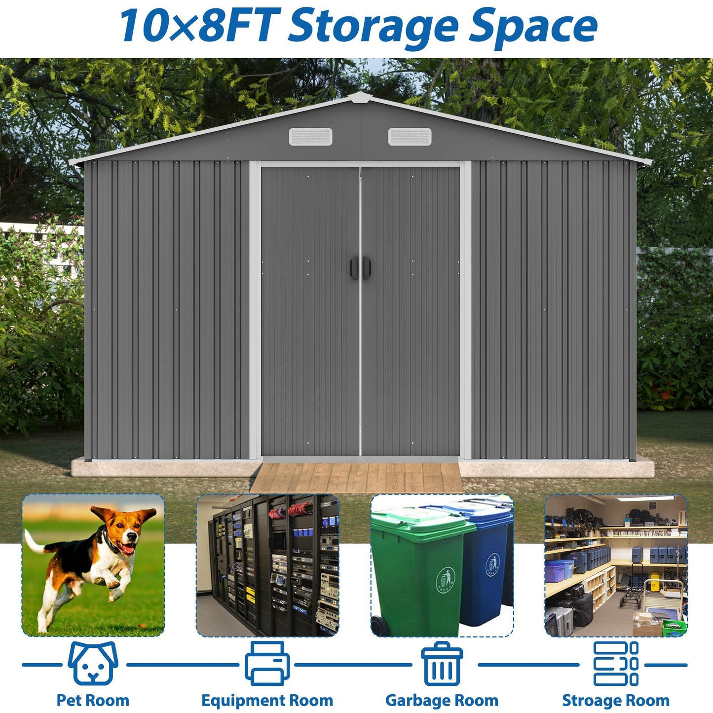 10X8 FT Outdoor Storage Shed, Metal Foundation & Lockable Doors Grey - LaTezza Online Shop