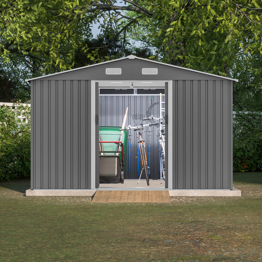 10X8 FT Outdoor Storage Shed, Metal Foundation & Lockable Doors Grey - LaTezza Online Shop