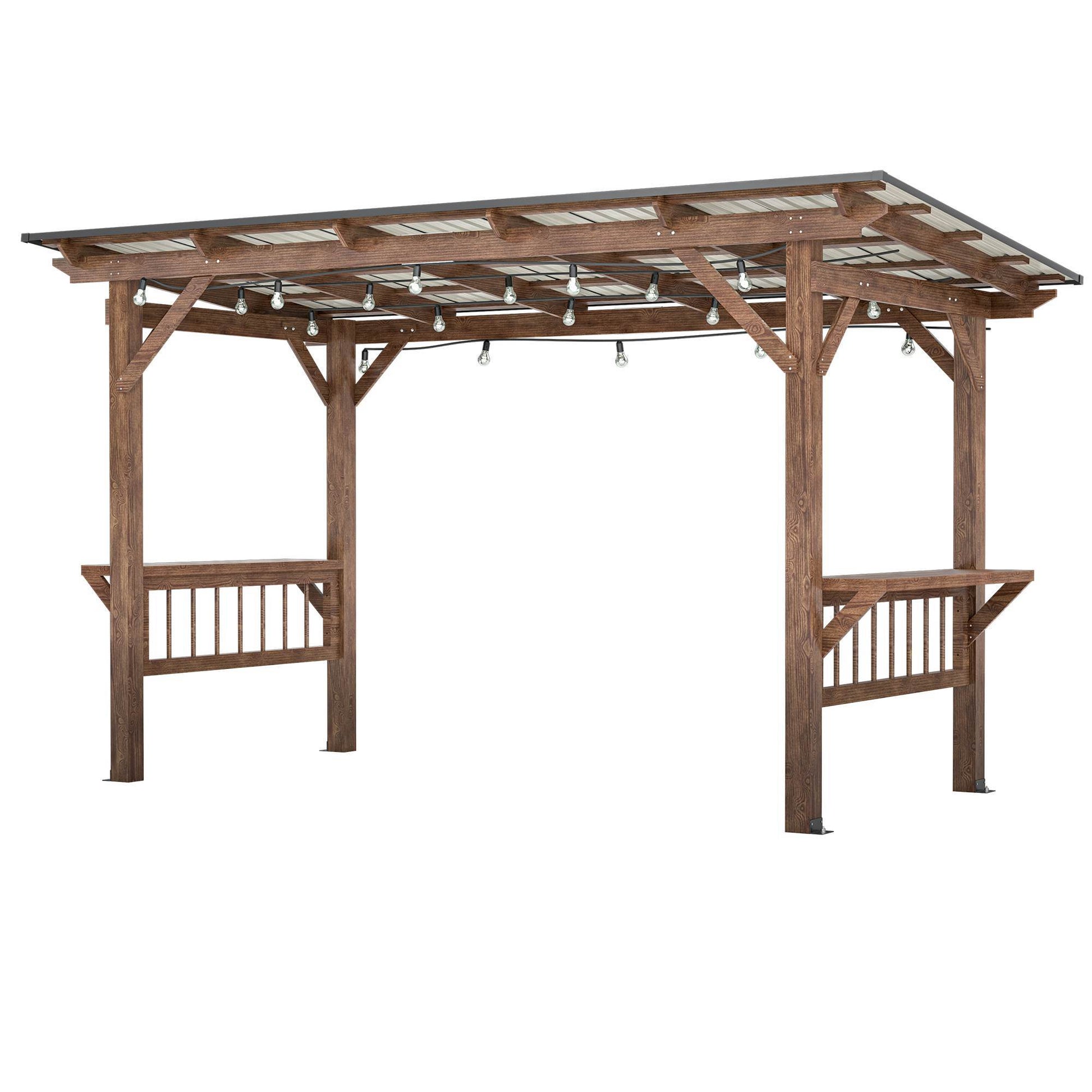 13X 6.5 Ft Wooden Pergola Grill Gazebo With Metal Roof & Bulbs & Bar Counters - LaTezza Online Shop