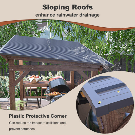 13X 6.5 Ft Wooden Pergola Grill Gazebo With Metal Roof & Bulbs & Bar Counters - LaTezza Online Shop