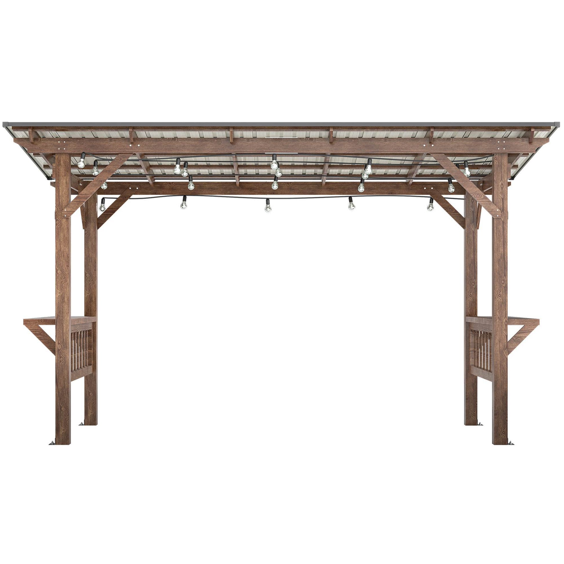 13X 6.5 Ft Wooden Pergola Grill Gazebo With Metal Roof & Bulbs & Bar Counters - LaTezza Online Shop