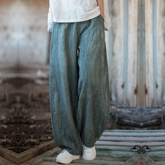 Elegant Women's Cotton Linen Baggy Cargo Pants Vintage Elastic Waist Yoga Trousers Loose Casual Long Wide Leg Oversize Clothes - LaTezza Online Shop