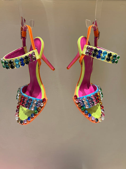 Rhinestones High Heel Sandals Summer Open Toe Ankle Strap Dress Shoes Colorful Stones Wedding Heels - LaTezza Online Shop