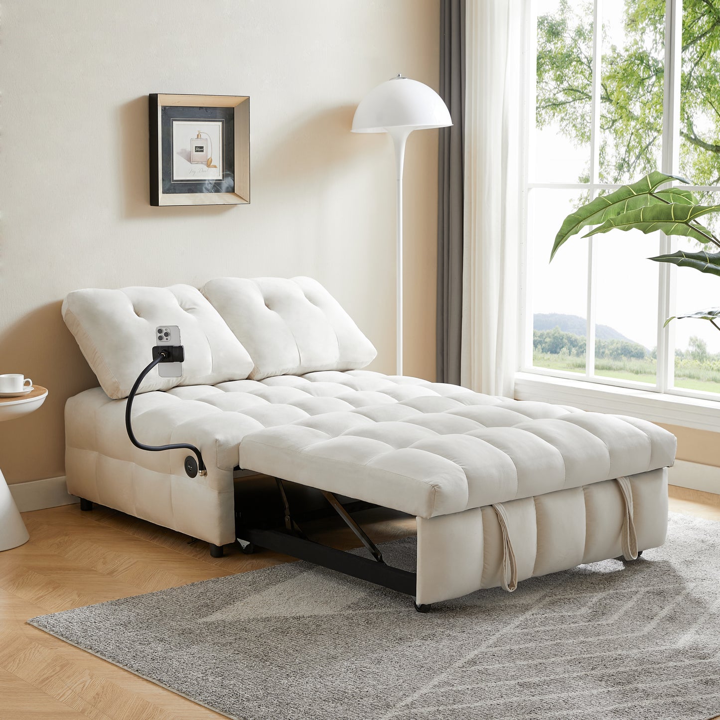 Modern sofa velvet pull-out bed,Independently removable backrest, have USB port and swivel phone stand ,beige - LaTezza Online Shop