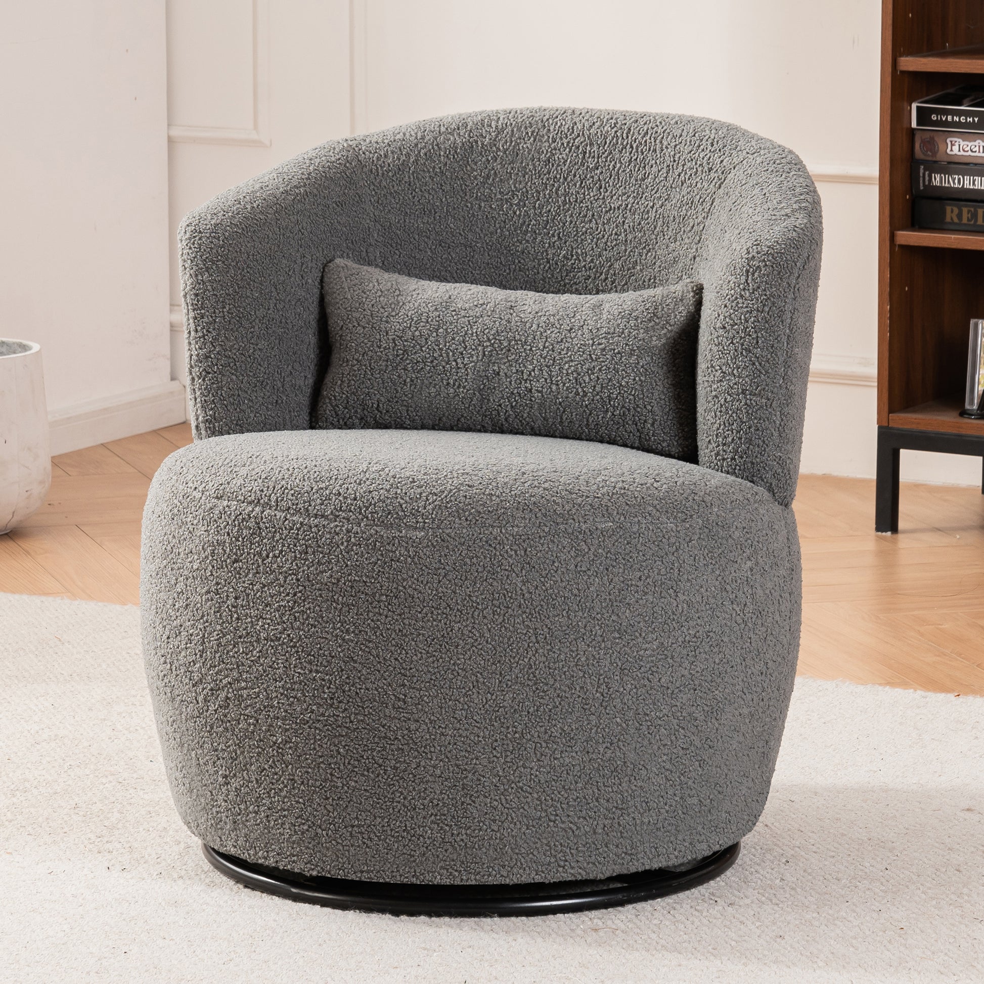 Grey Plush Swivel Accent Chair - Contemporary Round Armchair with 360° Rotation and Metal Base for Living Room Elegance - LaTezza Online Shop