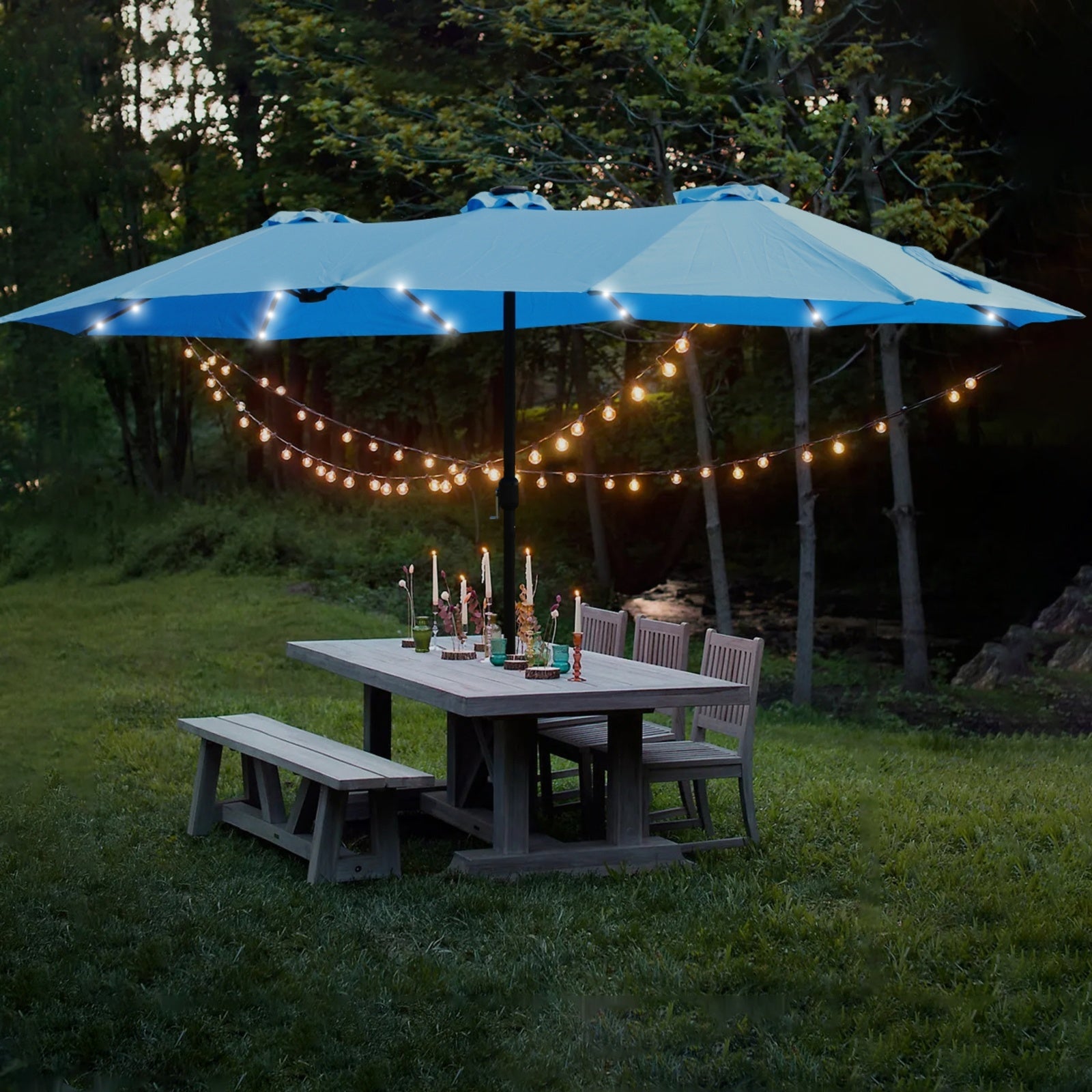 15x9ft Large Double-Sided Rectangular Outdoor Twin Patio Market Umbrella With Light And Base- Blue - LaTezza Online Shop